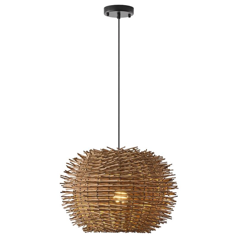 20-inch 1-Light Modern Natural Brown Hand-Woven Rattan Hanging Dining Room Chandelier - 18.89" W x 12.99" H