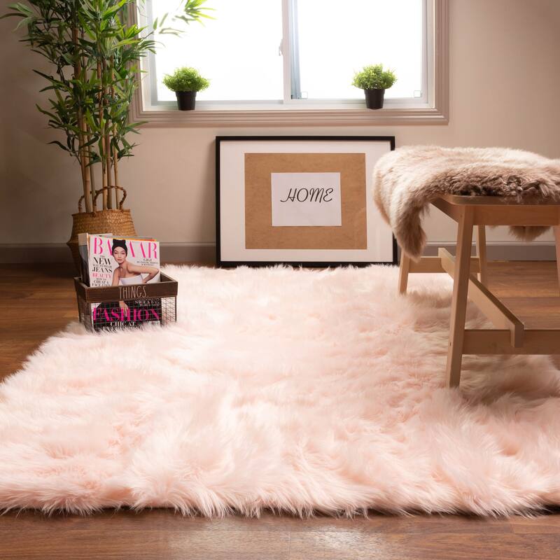 Silver Orchid Parrott Faux Fur Sheepskin Area Rug - 5' x 7' - Light Pink