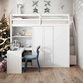 White Modern Wooden Full Size Bunk Bed with Wardrobe Rack,Desk and Shelves