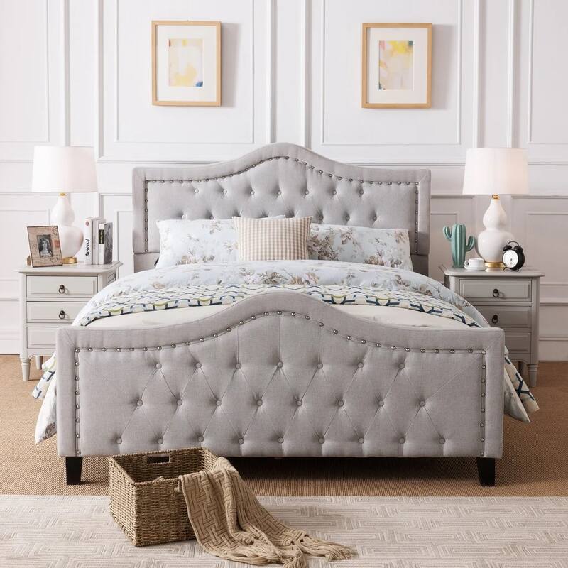 Button Tufted Wingback Platform Bed Upholstered Queen Size Bed Frame with Arched Nailhead Trim Headboard and Footboard