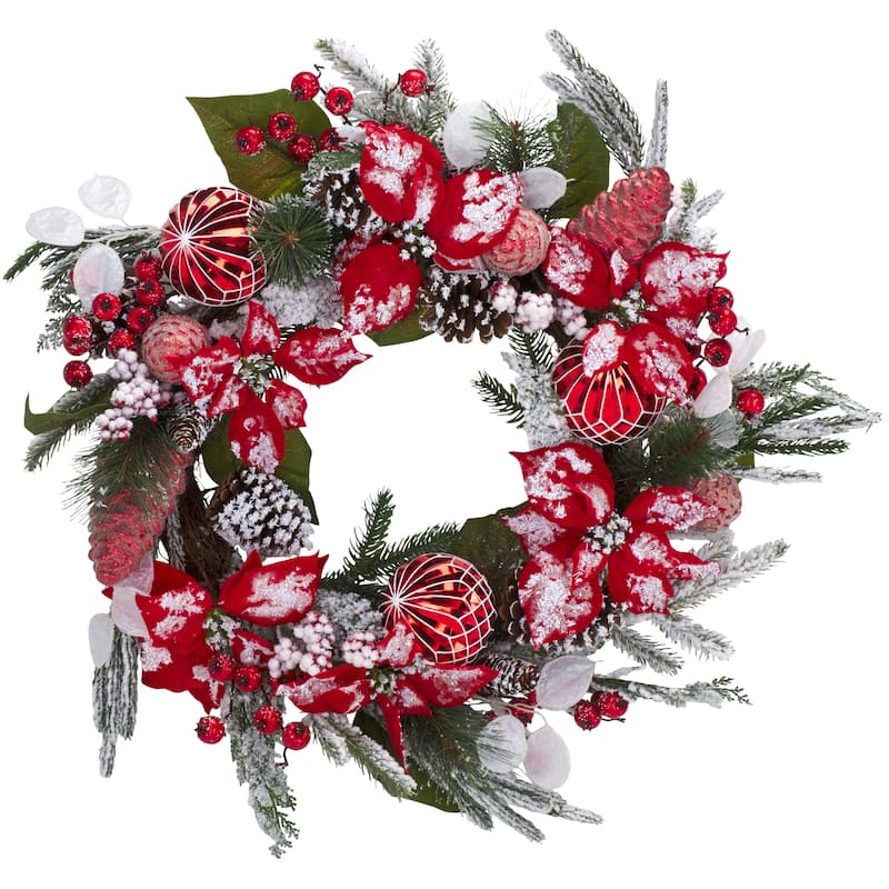 SAFAVIEH Home Faux 28-inch Snowy Needle Pine Wreath With Red Poinsettias & Ornaments