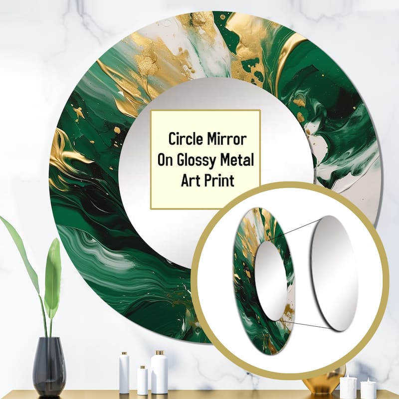 Designart "Green and Gold Serene Cascade II" Abstract Round Mirror For Wall Decor - Modern Green Mirror