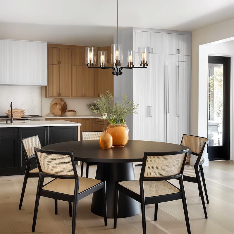 Modern Farmhouse 5-Light Black Gold Cylindrical Seeded Glass Shade Chandelier Wheel Pendant Lights for Dining Room - 24"D