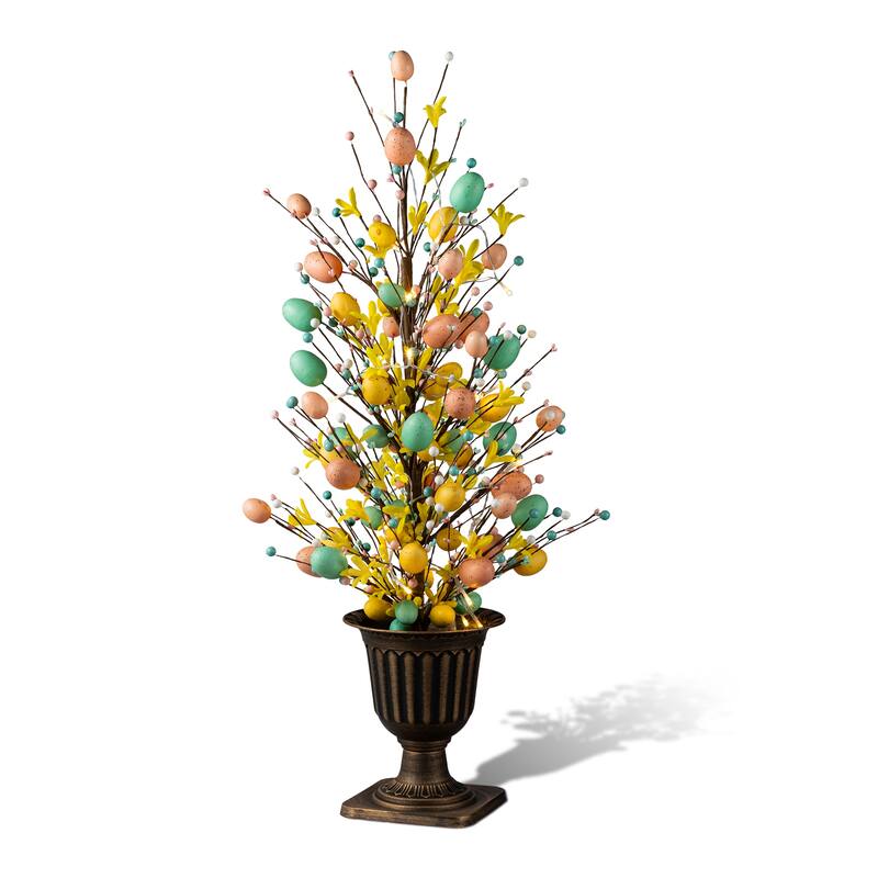 Glitzhome 36"H Easter Egg Berries Flower Urn Porch Tree with 20 Warm White Lights and Timer