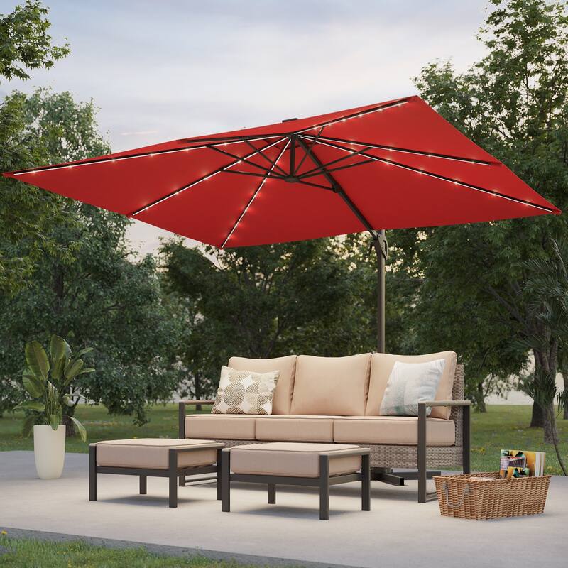 BONOSUKI Solar-powered 10x8ft Cantilever Patio Umbrella, Ultimate Outdoor Comfort with 360° Rotation and Canopy Angle Adjustment - Red
