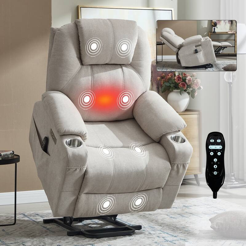 Power Lift Recliner Chair for Elderly Heated Vibration Massage, Lounge Sofa with USB Ports, Cup Holders & Side Pockets - Beige