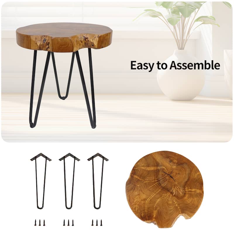 Round Natural Unique Shape Teak Wood End Table with Iron Legs