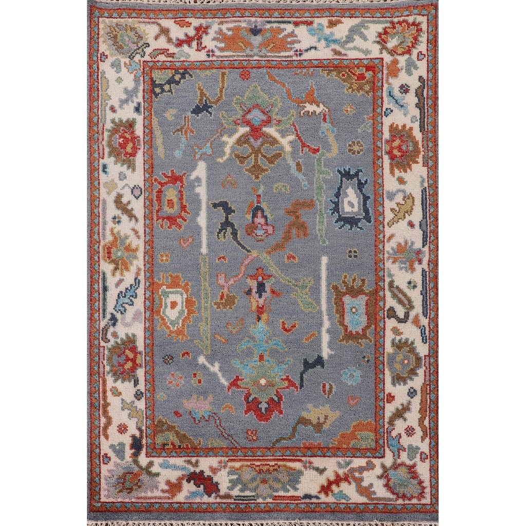 Floral Blue Oushak Oriental Area Rug Handmade Wool Carpet - 4'0" x 5'11"