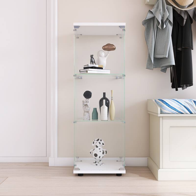 One-Door Glass Display Cabinet with 3 Shelves, Floor Standing Curio Bookshelf with Tempered Glass for Living Room Bedroom Office