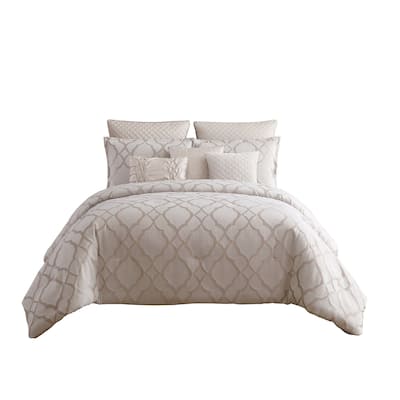 10 Piece King Size Fabric Comforter Set with Quatrefoil Prints, White