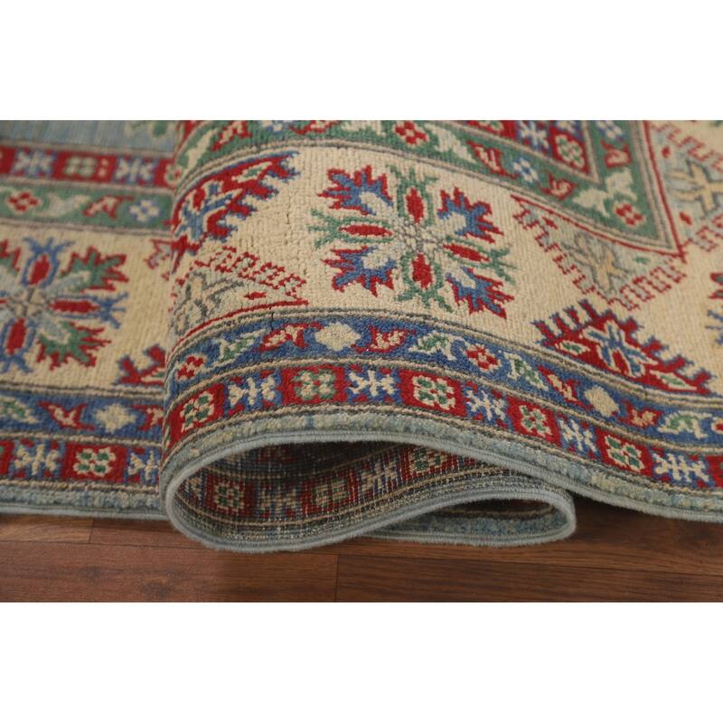 Light Blue Geometric Kazak Area Rug Handmade Wool Carpet - 4'11" x 6'10"
