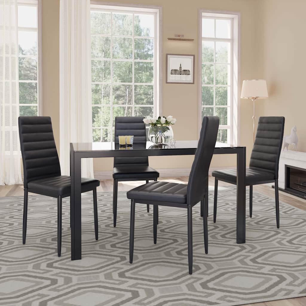 5 Piece Glass Dining Table Set for 4 with PU Leather Chairs,Black