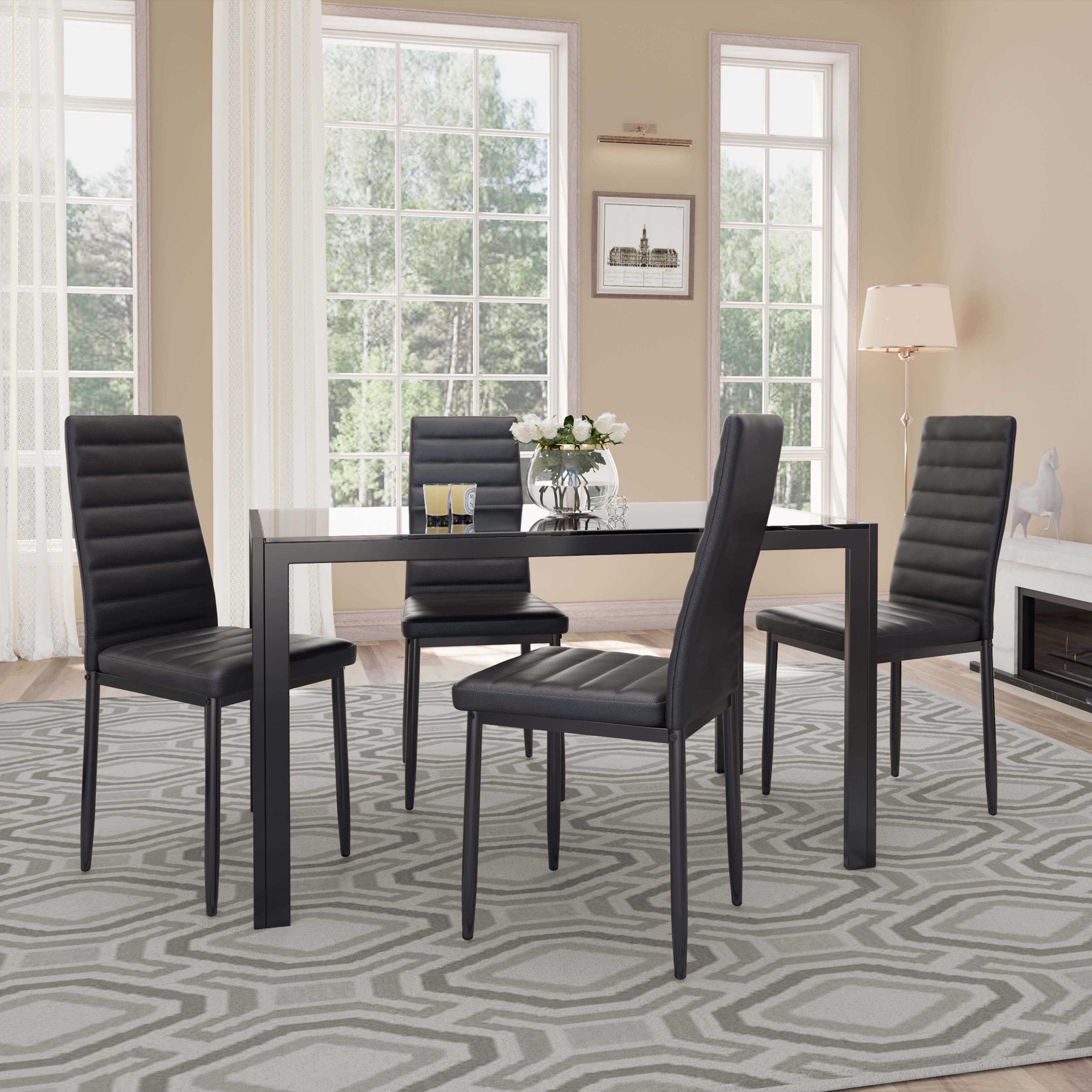 5 Piece Glass Dining Table Set for 4 with PU Leather Chairs,Black