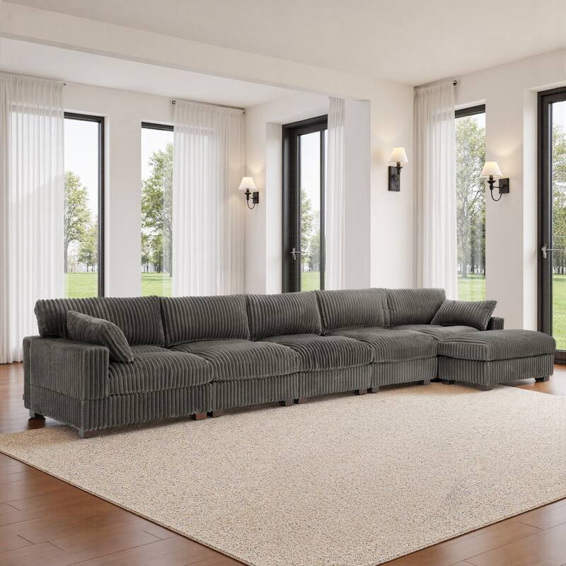 Cloud-Like Flannel Fabric Modular Sectional Sofa with Ottoman - Light Grey