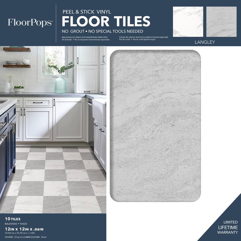 FloorPops Langley Grey Peel and Stick Floor Tiles