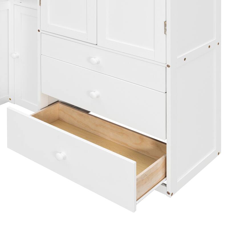 Roomfitters Wooden Twin Size Platform Bed with Integrated Desk, Wardrobe, and Multi-Level Storage Cabinets, LED Lighting