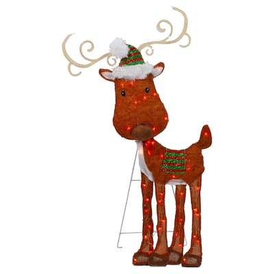Lighted 2D Chenille Reindeer Outdoor Christmas Decoration - 32" - Red - Warm White - Brown