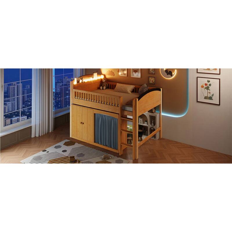 Roomfitters Twin/Full Size Loft Bed with Storage Cabinet, Wardrobe and LED Light