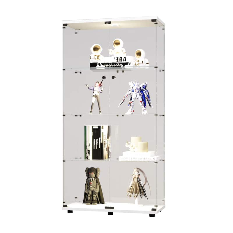 LED lights Glass Display Cabinet with 4-Shelves&2 Doors, Floor Standing Curio Bookshelf for Living Room Bedroom Collection Room