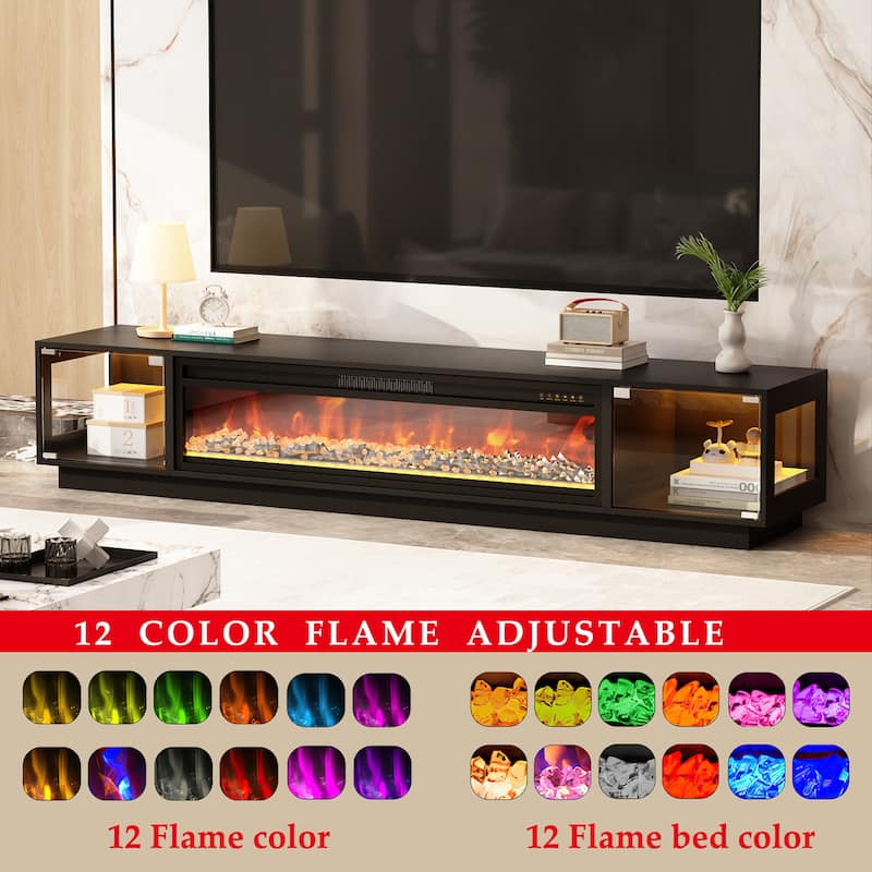Modern Black Fireplace TV Stand Combo,Remote Fireplace Heater,2 Drawers,Light Strip & USB
