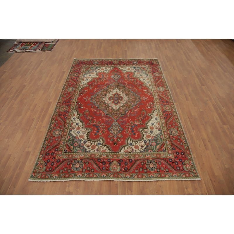 Hand Knotted Oriental 100% Wool Carpet Traditional Medallion Oranges & Rust Tabriz Area Rug - 9' 4'' X 6' 7''