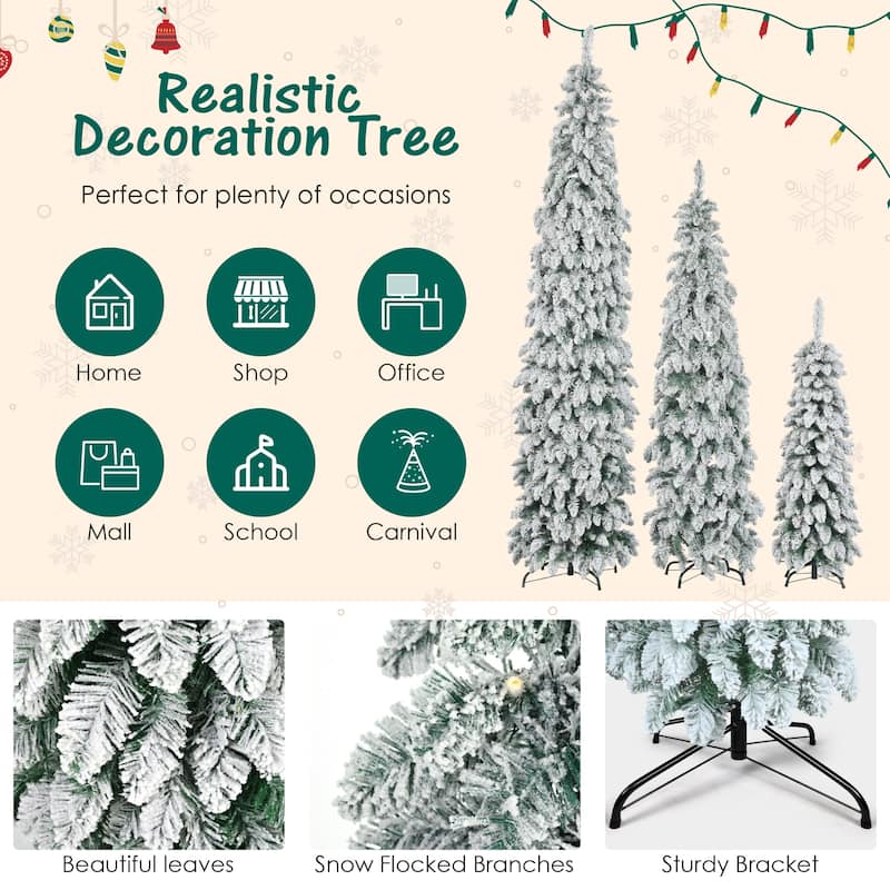 8FT, 6FT, 4FT Pre-Lit Pencil Christmas Trees, 3-set Slim Artificial Christmas Tree With Snow Flocking, 11 Lighting Modes