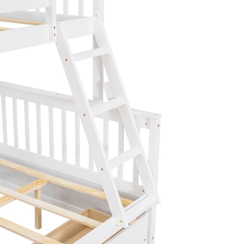 Twin-Over-Full Bunk Bed with Ladders and Storage Drawers in White