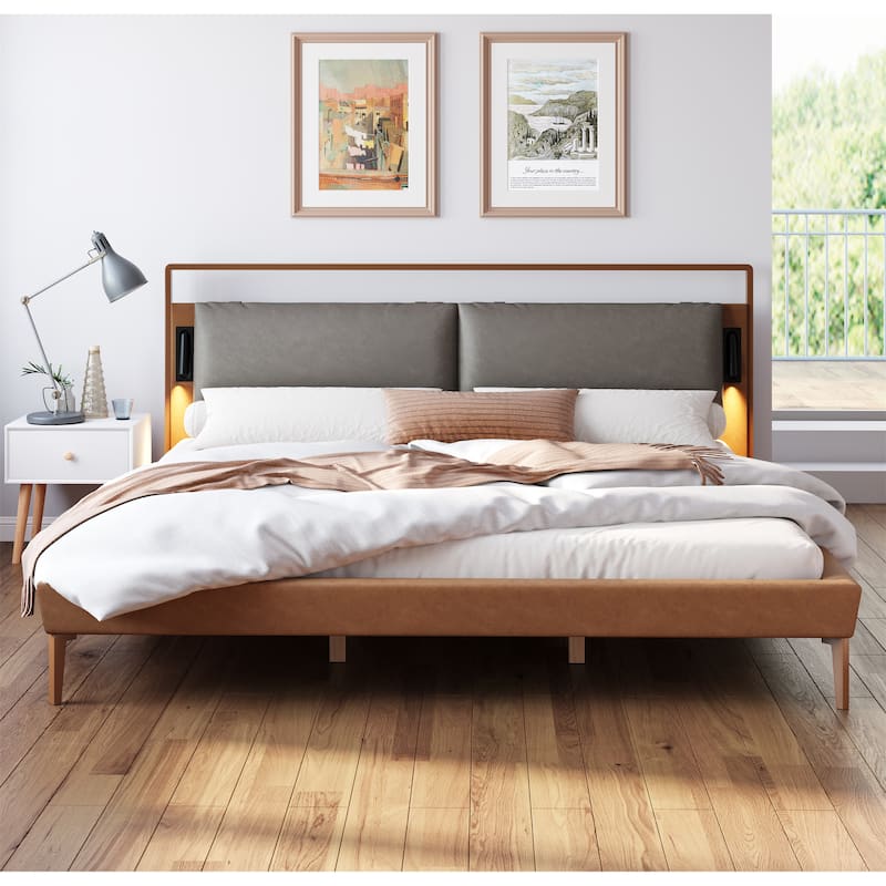 Brown&Gray Leather King Bed with 2pcs Night Lights - Brown+Gray