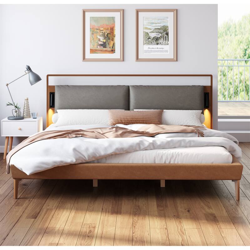 King Size Leather Bed with LED Night Lights and Ergonomic Headboard - Brown+Gray