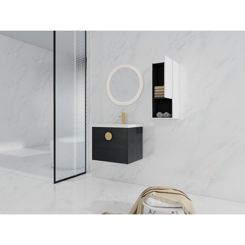 24" Wall-Mounted Bathroom Vanity With Ceramic Sink and Side Cabinet, Soft Close Doors, Combination Cabinet