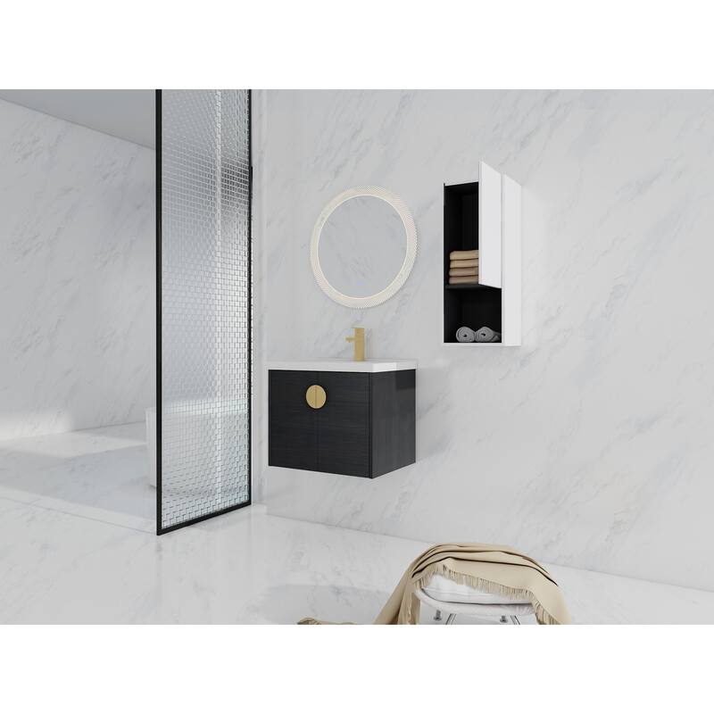 28" Floating Bathroom Vanity with Ceramic Sink, Soft-Close Doors, Wall-Mounted Side Cabinet, Black Chestnut