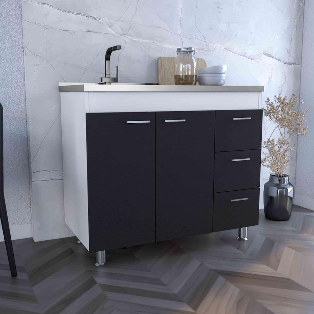 Base Double Door Storage Cabinet, Three Drawers, Faucet Hole, Four Legs, White / Black Design, Practical Storage