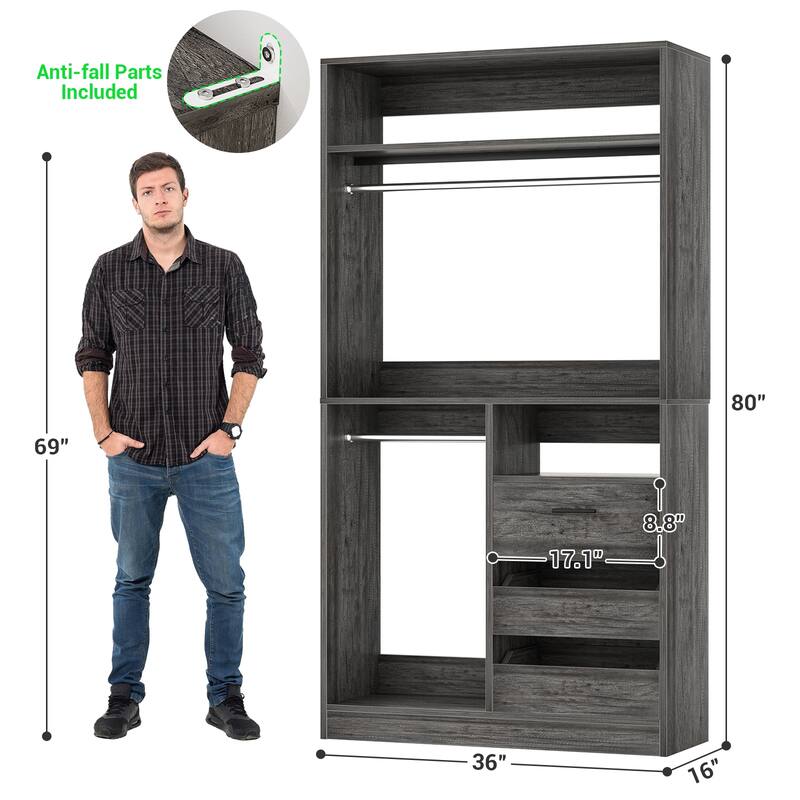 36'' W Freestanding Walk-in Closet Organizer System with 2 Hanging Rods and 3 Wood Drawers