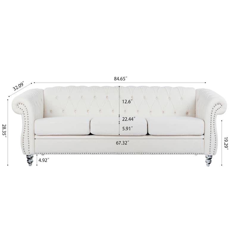 84.65" Polyester Chesterfield Sofa with Rolled Arms (3-Seater)