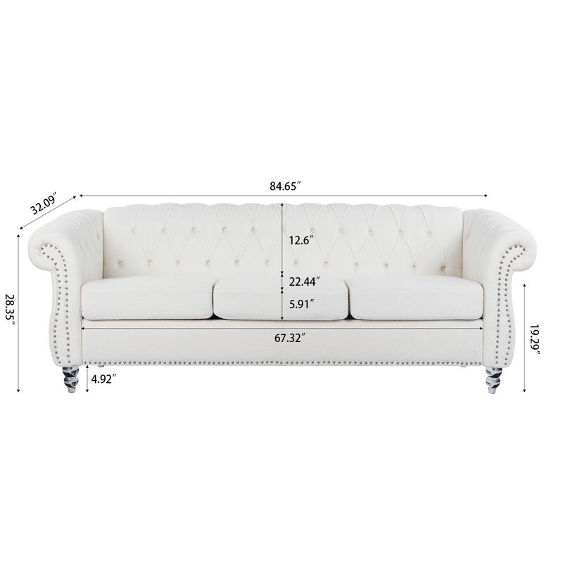 Chesterfield Fabric 3 Seater Sofa, Tufted Upholstered Sofa with Rolled Arms, Lounge Sofa Chair with Wooden Legs