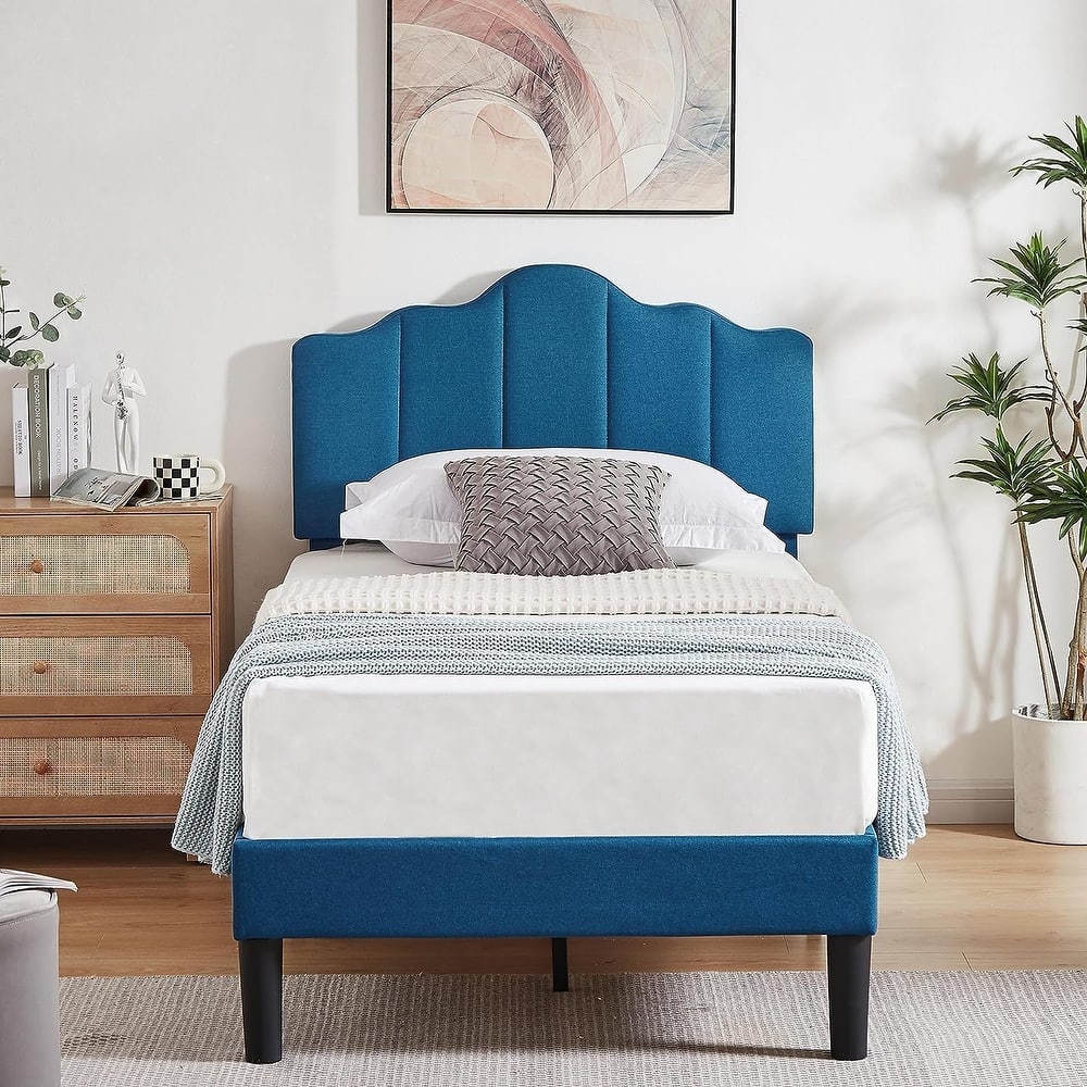 VECELO Modern Upholstered Platform Bed with Adjustable Headboard No Box Spring Needed Wave Headboard