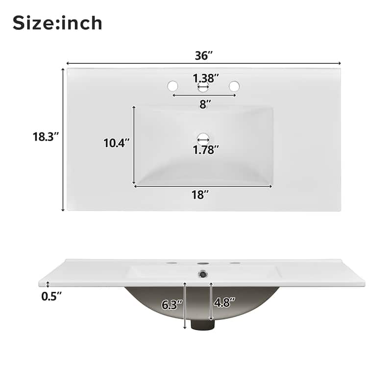 36" Bathroom Vanity with Ceramic Sink, Solid Pine Frame, Soft-Close Door & 3 Drawers - Modern Freestanding Cabinet