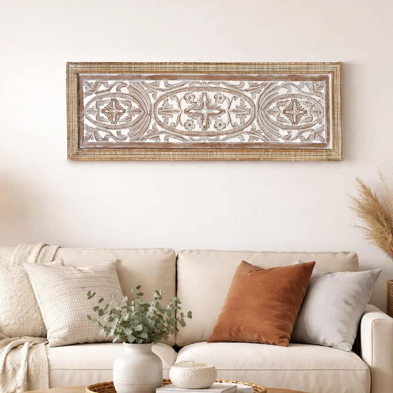 Rectangular Mango Wood Wall Panel Hand Crafted With Intricate Carving, White and Brown