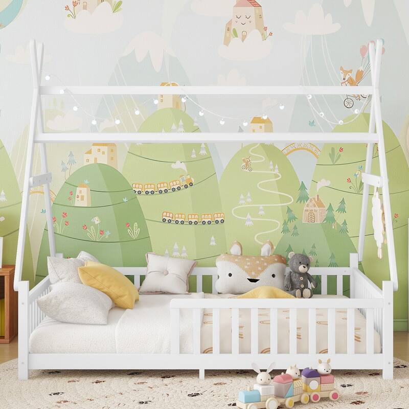 Wood Low Floor House Bed with Fence and LED Light Roof, Creativity Bed Tent Design for Kids Boys Girls No Box Spring Needed