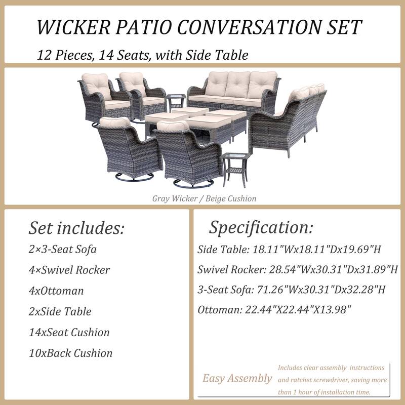 Outdoor Wicker Patio Conversation Seating Sofa Sets with Swivel Chairs