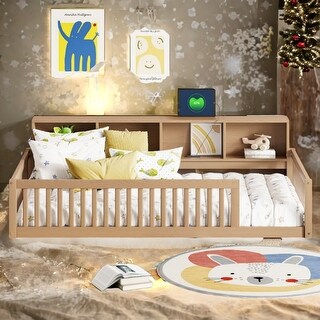 Brown Twin XL Size Daybed with Storage Shelves, Wood Floor Bed with USB Ports for Kids
