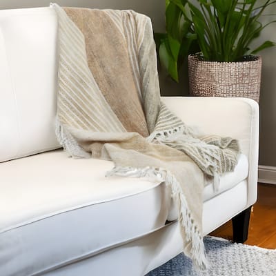 HomeRoots 50" X 60" Beige Brown And Ivory Recycled Poly PET Striped Throw Blanket with Tassels