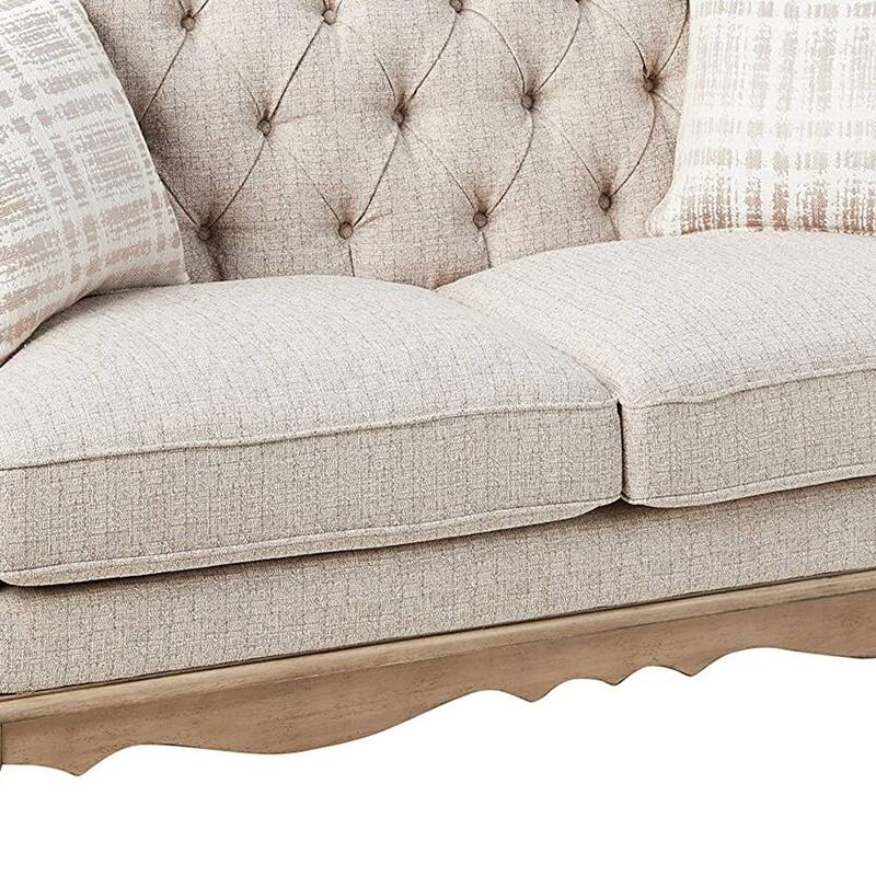 HomeRoots 62" Beige And Brown Linen Loveseat and Toss Pillows