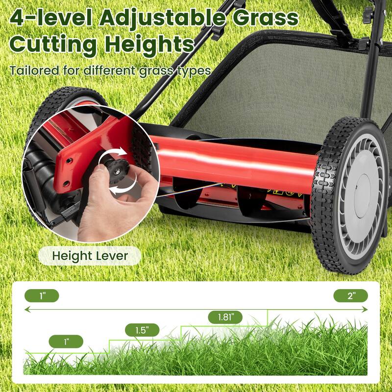 Manganese Steel Manual Lawn Mower with 5 Blades and Grass Bag - 23" L x 28" W x 49" H
