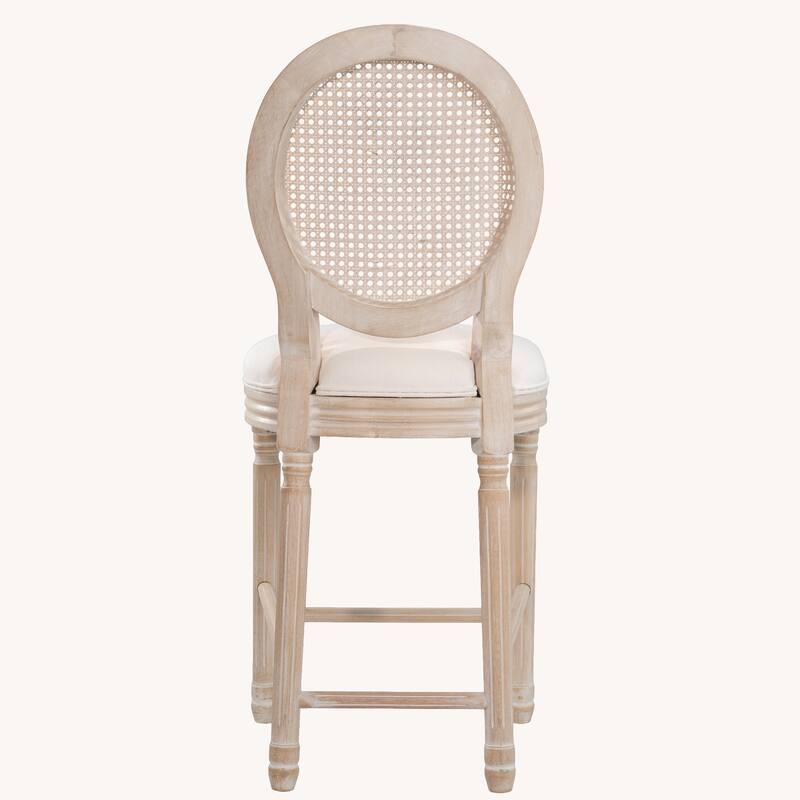French Country Wooden Bar Stools Set of 2, Rattan Back with Beige & Natural Upholstered Seating