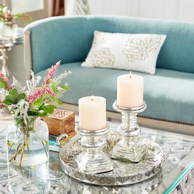 Silver or Clear Glass Handmade Turned Style Pillar Candle Holder (Set of 2)