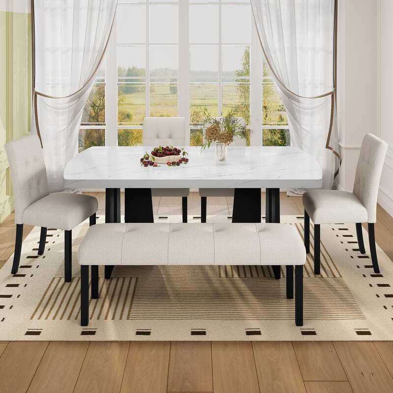 6 Piece Dining Table Set, Faux Marble Dining Table with 4 Upholstered Chairs & 1 Bench, Kitchen Dining Table & Chair Set