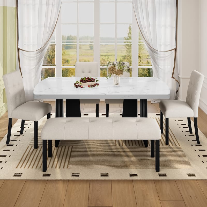 6-Piece Dining Table Set for 6, 63" Faux Marble Oval Table with 4 Dining Chairs & Bench, Modern Table and Chairs Set for 6
