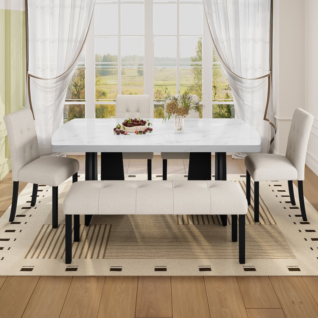 Dining Table Set for 6, Modern Dining Room Set with 63" Faux Marble Dining Table and 4 Upholstered Chairs for Kitchen
