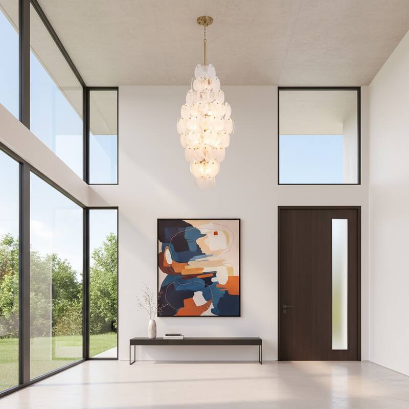 Artcraft Lily - 15-Light Chandelier - Brushed Brass Finish - Wispy White Murano Style Glass Shade